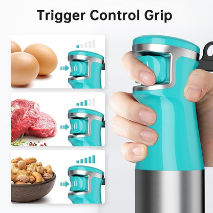 Turelar Immersion Blender Handheld Corded Hand Blenders Set 1100W, Trigger Variable Speed 5 in 1 Stick Emulsifier with Chopper, Whisk and Frother for Soup, Baby Food and Smoothies, Cyan Blue