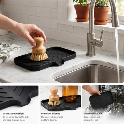 MicoYang Silicone Soap Dish with Drain Spout — Self-Draining Sink Organizer Tray for Bathroom & Kitchen, Sponges, Dispensers & Soap Holder, Non-Slip & Dishwasher Safe, Black (Medium, 9.6"×5.3")