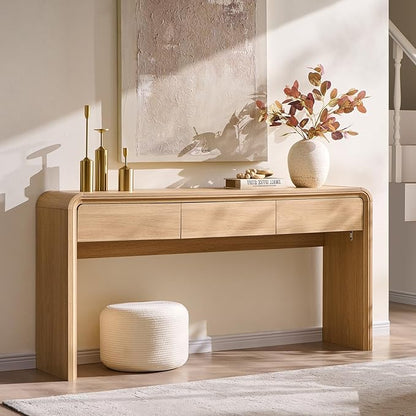63'' Console Table with 3 Drawers, Modern Entryway Table with Curved Profile Design, Narrow Long Wood Sofa Table Behind Couch Table for Living Room, Hallway, Foyer, Natural