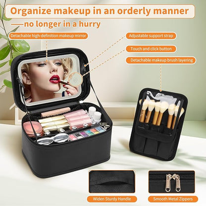OCHEAL Makeup Bag with LED Mirror, Travel Cosmetic Organizer Vanity Case with 3 Color Setting Light Up Mirror for Women Beauty Tools Accessories Rechargeable - Black