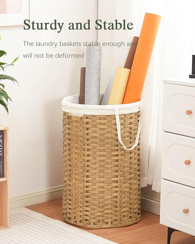 34.3 Gal (130 L) Large Laundry Hamper Laundry Basket Round Handwoven Wicker Laundry Baskets Rattan Laundry Basket with Removable Bag Handles 2 Mesh Bags for Living Room Bedroom Natural(No Lid)