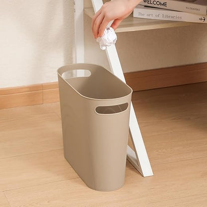 rejomiik Small Trash Can, Slim Garbage Can Plastic Waste Basket with Handles 3.5 Gallon Container Bin for Narrow Spaces Bathroom, Bedroom, Kitchen, Office at Home, 2 Pack Khaki