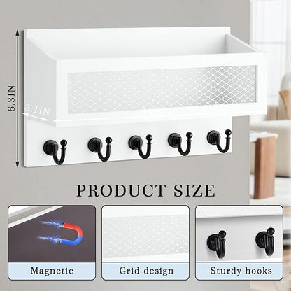 Magnetic Mail and Key Holder for Wall Fridge Wooden Mail Organizer with 5 Key Hooks for Home Bedroom Fridge Kitchen Decorative (White)