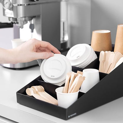 Navaris Coffee Station Organizer - 7 Compartment Coffee Bar for Sugar, Creamer, Cup, Tea - Office & Kitchen Countertop Organization