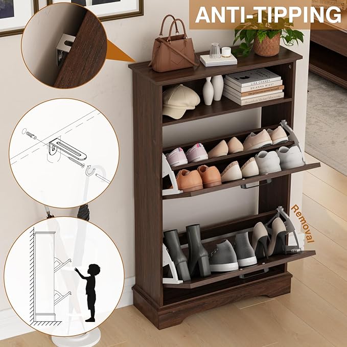 Shoe Storage Cabinet with 2 Flip Drawers, 24" W Farmhouse Modern Hidden Shoes Rack Cabinet with Adjustable Shelves & Open Storage, Narrow Slim Shoe Organizer for Front Door Entrance, Entryway, Walnut