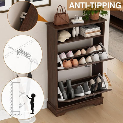 Shoe Storage Cabinet with 2 Flip Drawers, 24" W Farmhouse Modern Hidden Shoes Rack Cabinet with Adjustable Shelves & Open Storage, Narrow Slim Shoe Organizer for Front Door Entrance, Entryway, Walnut