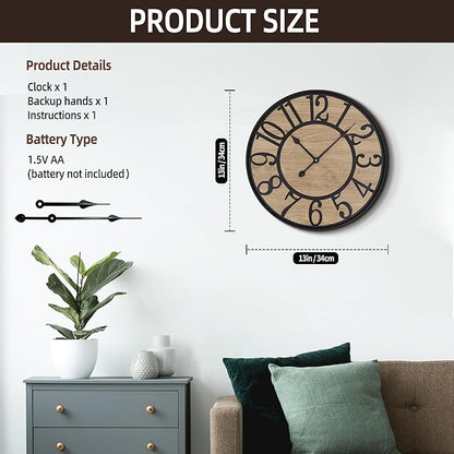 Maxstar Wall Clock for Living Room,Metal & Wood Silent Rustic Farmhouse with Arabic Numeral, Battery Operated Wall Clocks Decorative for Bedroom Office Home Decor 13inch Black