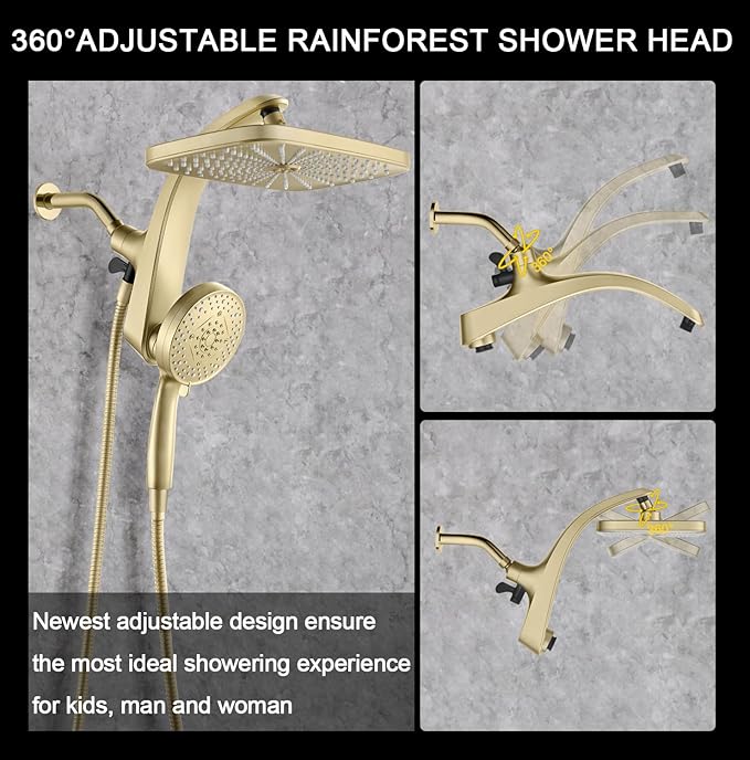BOZYBO Rain Shower Head with Handheld: High Pressure Shower Heads with Handheld Spray Combo, 12" Rainfall Shower Head and 9 Sprays Hand Showerheads with Magnetic Docking and Power Jets, Gold 1.75GPM