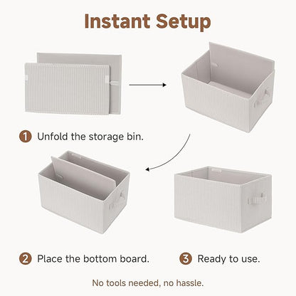 StorageWorks Storage Baskets for Shelves, Foldable Fabric Closet Storage Bins with Handles, Fabric Storage Bins Clothes Organizer, Beige Stripes, 3-Pack, Large