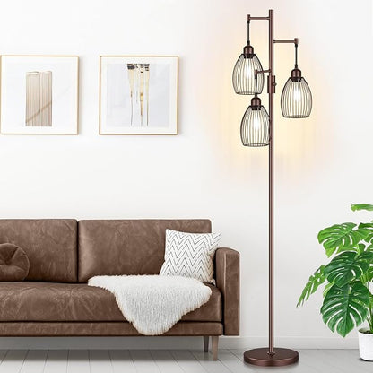 Torondo Dimmable Farmhouse Industrial Floor Lamp, Matte Brown Tree Standing Tall Lamps with 3 Elegant Teardrop Cage Head & 800 Lumens LED Edison Bulbs for Living Room Bedroom Office Dining Room