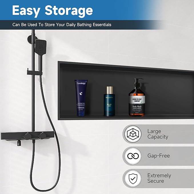 Shower Niche Insert Tile Ready, Bathroom Livingroom Wall Niche, Long Shower Niche 37" X 13", Black, No Tile Needed Over Mount Installation