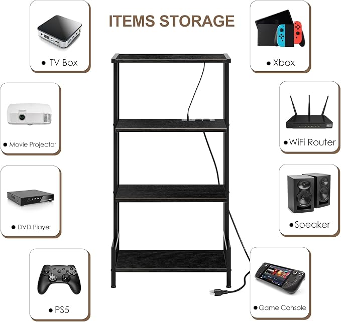 Arbuxzuy 4-Tier AV Media Stand with Power Outlet and LED Lights,Wooden Stereo Stand Cabinet,Game Console Shelf for Small Space,Audio Rack Stand Tower Ideal for Video DVD Players,Xbox
