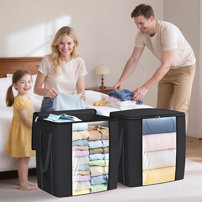 TasticTotes 120L Extra Large Clothes Storage Bags, Foldable Blanket Storage and Organization, Thick Fabric Containers with Reinforced Handles & Zippers for Clothing, Comforters, Bedding, Black, 1 Pack
