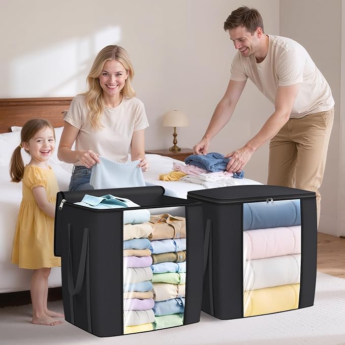 TasticTotes 120L Extra Large Clothes Storage Bags, Foldable Blanket Storage and Organization, Thick Fabric Containers with Reinforced Handles & Zippers for Clothing, Comforters, Bedding, Black, 6 Pack