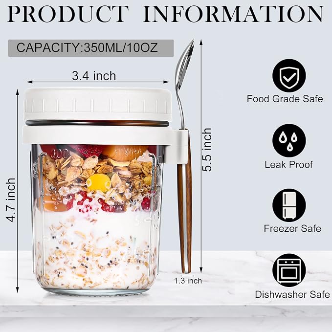 Patelai 8 Pcs 12 oz Overnight Oats Containers with Lids and Spoons Large Capacity Airtight Oatmeal Overnight Oat Jars with Measurement Marks Oatmeal Container for Milk Cereal Fruit (White)