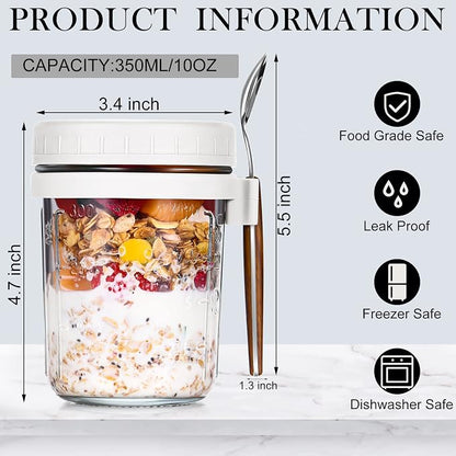 Patelai 8 Pcs 12 oz Overnight Oats Containers with Lids and Spoons Large Capacity Airtight Oatmeal Overnight Oat Jars with Measurement Marks Oatmeal Container for Milk Cereal Fruit (White)