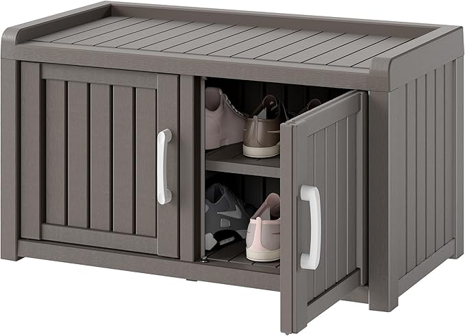 NUNU LAB Shoe Cabinet, Waterproof UV-Resistant Outdoor/Indoor Shoe Storage Cabinet with Adjustable Shelves, Shoe Organizer Bench with 2 Barn Doors for Foyer, Hallway, Living Room, Black