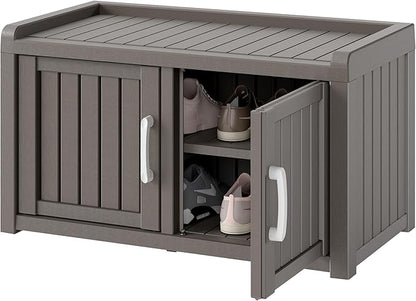 NUNU LAB Shoe Cabinet, Waterproof UV-Resistant Outdoor/Indoor Shoe Storage Cabinet with Adjustable Shelves, Shoe Organizer Bench with 2 Barn Doors for Foyer, Hallway, Living Room, Black