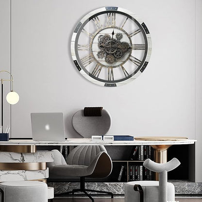 27" Large Real Moving Gears Wall Clock with Toughened Glass Cover Solid Wood Retro Metal Skeleton Oversized Vintage Steampunk Rustic Clock for Living Room Decor Home Farmhouse Kitchen(Desert Beige)