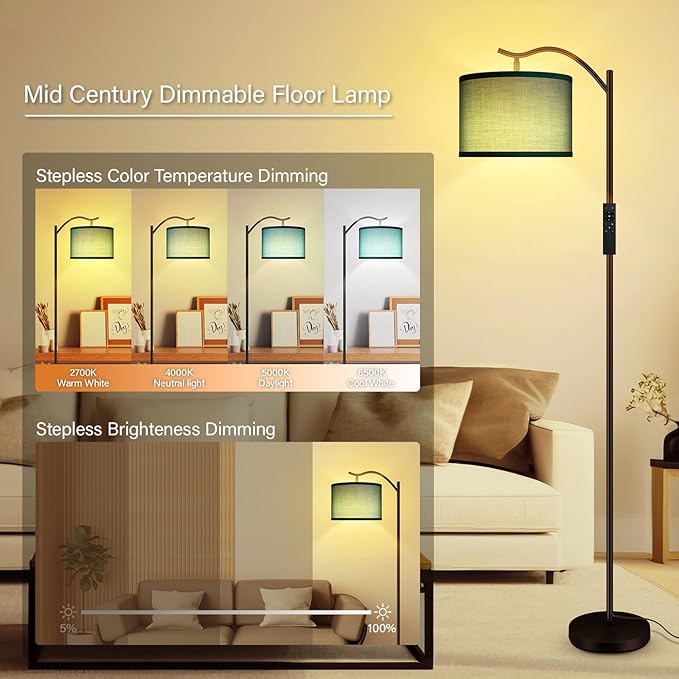 BoostArea Floor Lamp for Living Room,Arc Floor Lamp Remote Control,Stepless Dimmable Brightness & Colors Temperature 2700k-6500k,Foot Switch,Modern Standing Lamp for Bedroom Study Room Office,Green