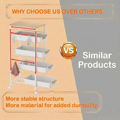 5-Tier Slim Storage Cart, Wooden Top Rolling Kitchen Cart with Pull-Out Baskets & Wheels, Narrow Space Utility Cart Slide Out Organizer for Kitchen, Bathroom, Laundry Room, White