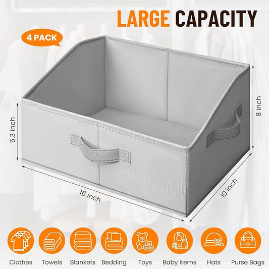 Criusia Closet Organizers Bins 4 Pack - Large Collapsible Shelf Organizer with Handles - Fabric Trapezoid Home Organization and Storage Baskets for Organizing Clothes Toy Blanket Towel Purse Hats
