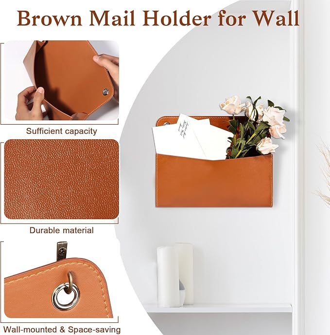 3 Pcs PU Leather Mail Holder Wall Mount Brown PU Leather Letter Holder Vintage Wall File Organizer 2 Ring Binder Hanging File Holder for Decor Storage Letter Postcards Bill Flowers Office Home