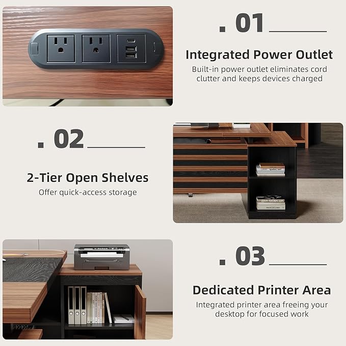 L-Shaped Executive Desk with Drawers, 78-Inch Large Home Office Desk with Power Outlet and Lateral File Cabinet, Modern Computer Table with Open Shelf and Storage Cabinet for Home, Brown Black