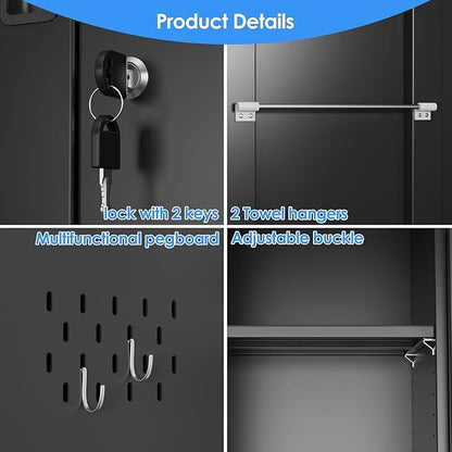 SUXXAN Broom Closet Storage Cabinet 71.4"x 31.5"x15.7", Metal Cleaning Cabinets with Hooks and Hanging Rods, Lockable Cabinet with Pegboard, Adjustable Shelf,for Garage, Laundry Room