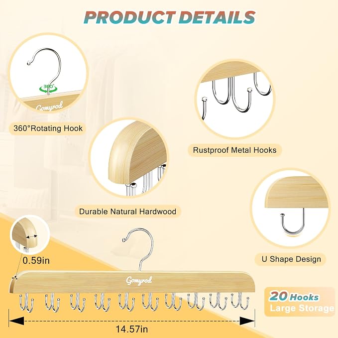 Gomyrod Bra Hanger for Closet, Tank Top Hanger w/20 Hooks Capacity Foldable Wood Space Saving Hangers, 360°Rotating Closet Organizers and Storage for Dorm & Apartment for Bra Scarf Ties(1 Pack)