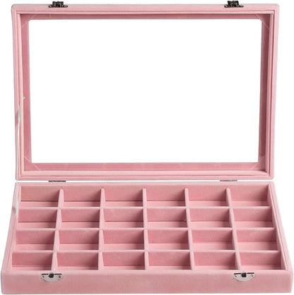 Frebeauty Velvet Jewelry Tray,24 Grid Jewelry Organizer with Clear Lid,Earring Holder Organizer with Clasp,Drawer Insert Rings Pendants Brooches,13.8 x 9.5 x 2 Inches,Gift for Women(Pink)