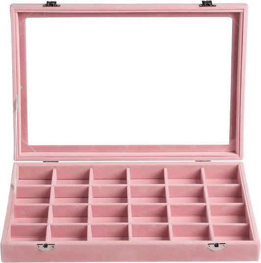 Frebeauty Velvet Jewelry Tray,24 Grid Jewelry Organizer with Clear Lid,Earring Holder Organizer with Clasp,Drawer Insert Rings Pendants Brooches,13.8 x 9.5 x 2 Inches,Gift for Women(Pink)