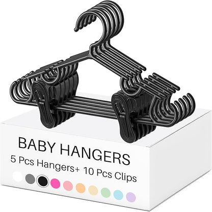 Hsei 5/10/40 Pack Baby Hangers with 10/20/80 Clips, Plastic Kids Pants Hangers for Nursery Closet Top and Bottom Clothes Hanger Set for Newborn Infant Toddler(15 Packs Total,Black,10.6 Inch)