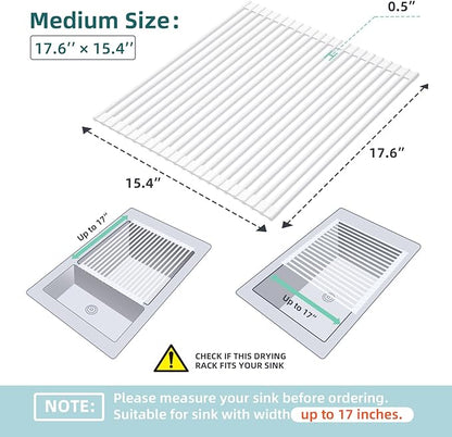 Ohuhu Over Sink Dish Drying Rack, 17.6" W x 15.4" L Roll Up Dish Racks Kitchen Sink Organizer Silicone Wrapped Large in Sink Dish Drying Rack Foldable Rolling Drain Mats Anti-Slip