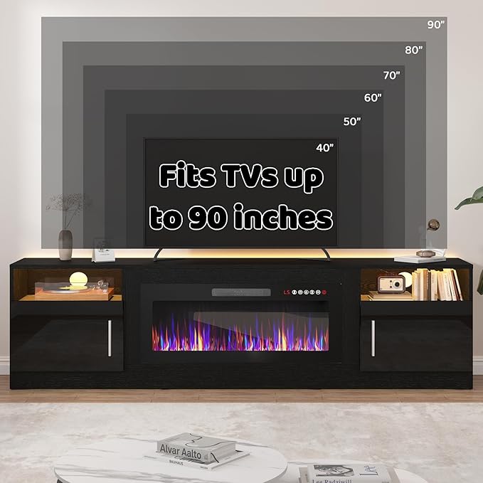 LEMBERI 80 Inch Fireplace TV Stand for TVs up to 90", 36" Electric Fireplace Entertainment Center with 20-Color LED, 300lbs Max Capacity Modern Wood Media Console Cabinet, Black