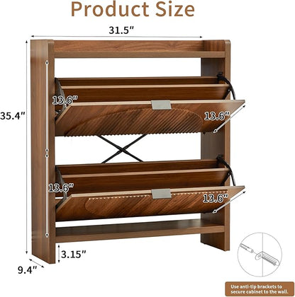 Shoe Cabinet Storage for Entryway with 2 Flip Drawers, Narrow Shoe Organizer Cabinet with Round Fluted Panel, Small Freestanding Hidden Wood Slim Shoe Rack for Foyer, Hallway, Walnut