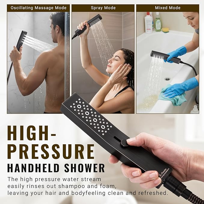 G-Promise All Metal 14 Inch Shower Head with Massage Mode Handheld, Rain Shower Head with Handheld Spray Combo, 3-Way Diverter with Pause Setting, 12 Inch Adjustable Extension Arm (Oil Rubbed Bronze)