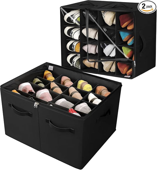 TOPIA HOME Shoe Organizer for Closet 2 Pack, Foldable Shoe Box with Adjustable Dividers and Clear Cover, Space Saving Shoe Storage Organizer Cabinet with Reinforced Handles, Fits 32 Pairs, Black TP12B
