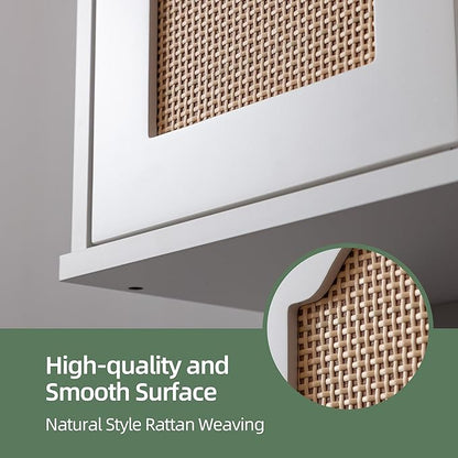 Over The Toilet Storage Cabinet, Above Toilet Organizer with Rattan Door, Modern White Finish, 13x25 inch Space Saving Bathroom Medicine Cabinet