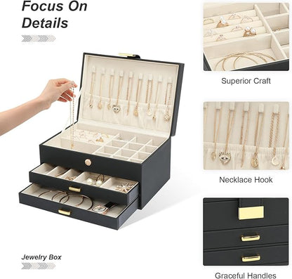 Jewelry Holder Organizer, Leather Jewelry Set Box with 2 Drawers, Jewelry Storage Box for Women Girls(Black)