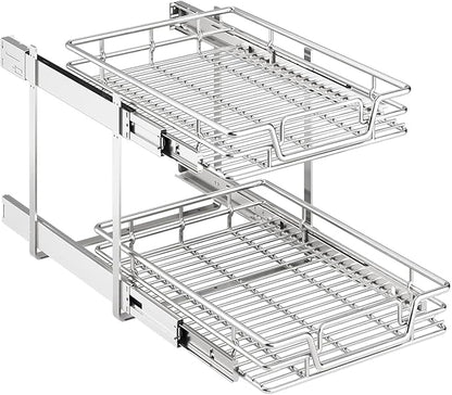 2-Tier Kitchen Cabinet Pull Out Shelf and Drawer Organizer Slide Out Pantry Storaqe Basket in Multiple Sizes (15" W x 21" D)