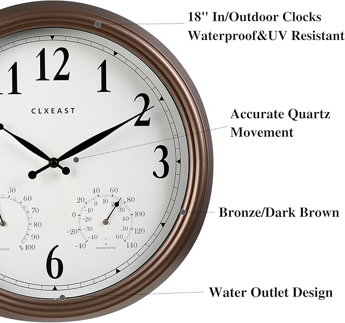 CLXEAST Indoor Outdoor Clocks Waterproof 18 Inch, Large Outdoor Clock with Temperature and Humidity Combo,Weatherproof,Bronze/Brown