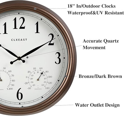 CLXEAST Indoor Outdoor Clocks Waterproof 18 Inch, Large Outdoor Clock with Temperature and Humidity Combo,Weatherproof,Bronze/Brown