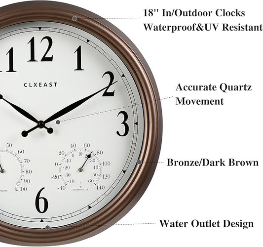CLXEAST Indoor Outdoor Clocks Waterproof 18 Inch, Large Outdoor Clock with Temperature and Humidity Combo,Weatherproof,Bronze/Brown