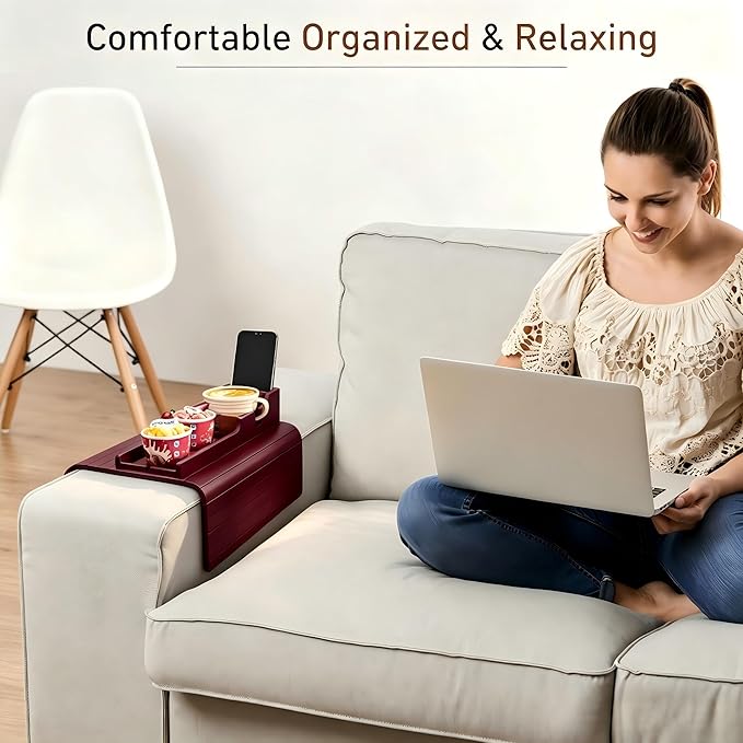 Yoshiky Bamboo Couch Armrest Table, Couch Arm Tray with Removable Couch Cup Holder, 2 in 1 Design Foldable Anti-Slip Bamboo Couch Tray and Sofa Cup Holder for Drink