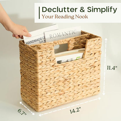 CHI AN HOME Wicker Magazine Basket, Handwoven Water Hyacinth Storage Bin & Organizer for Files, Books, Newspapers, Documents, Decorative Storage Bin with Handle for Office, Living Room, Dorm, Bathroom