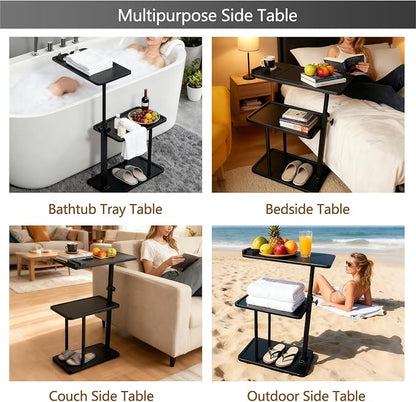 3 Layer Bathtub Tray Table,Bamboo Swivel Bathtub Side Table Height Adjustable,Freestanding Bathtub Tray for Tub Against Wall,Bathtub Accessories&Bathroom Organizer for Luxury Home Spa (Black1)