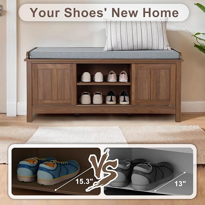 2-Tier Shoe Storage Bench,43" Wooden Shoe Cabinet with Sliding Doors,Walnut Shoe Bench with Adjustable Shelves,Storage Bench for Entryway,Hallway,Bedroom