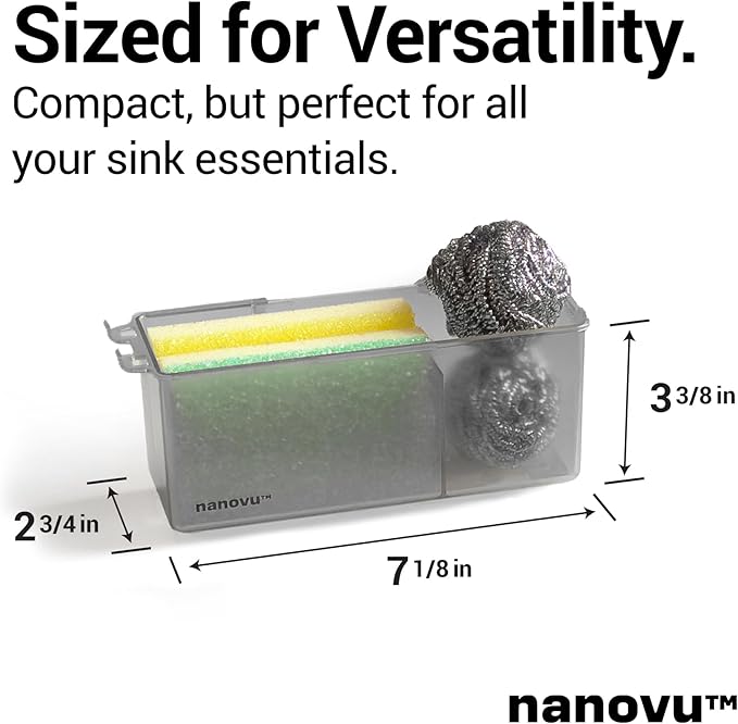 Nanohold Kitchen Sink Caddy for Flat Surfaces - Strong Hold Easy Install Kitchen Sink Organizer with Drainage Holes - Soap Sponge, Dishwashing Tools and Dish Brush Holder - Home Accessories by Nanovu