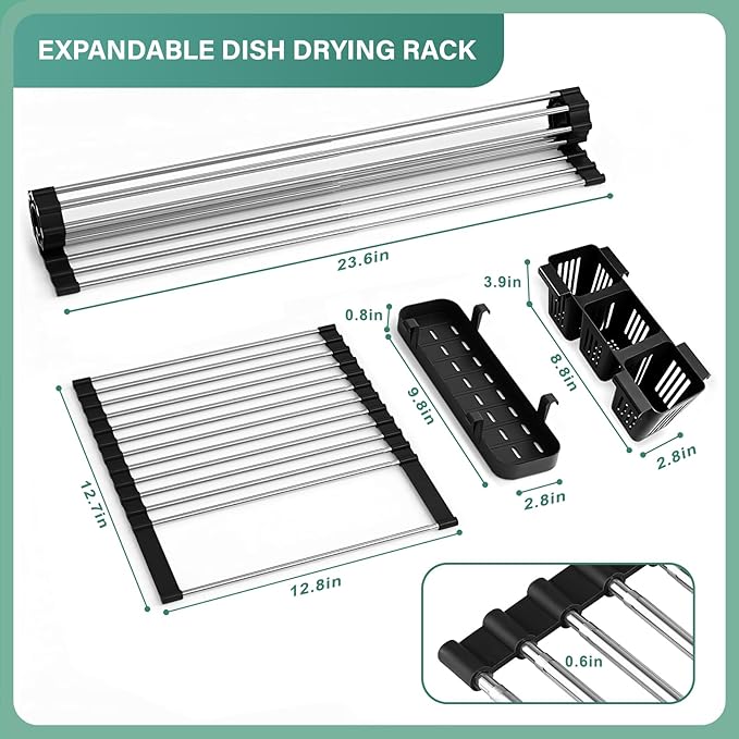 Extra Large Expandable Roll Up Dish Drying Rack, 22.8 x 17.3 in with Expandable Storage Basket Over The Sink Rolling Dish Drainer, Foldable Sink Dish Drainer for Kitchen Counter,Black